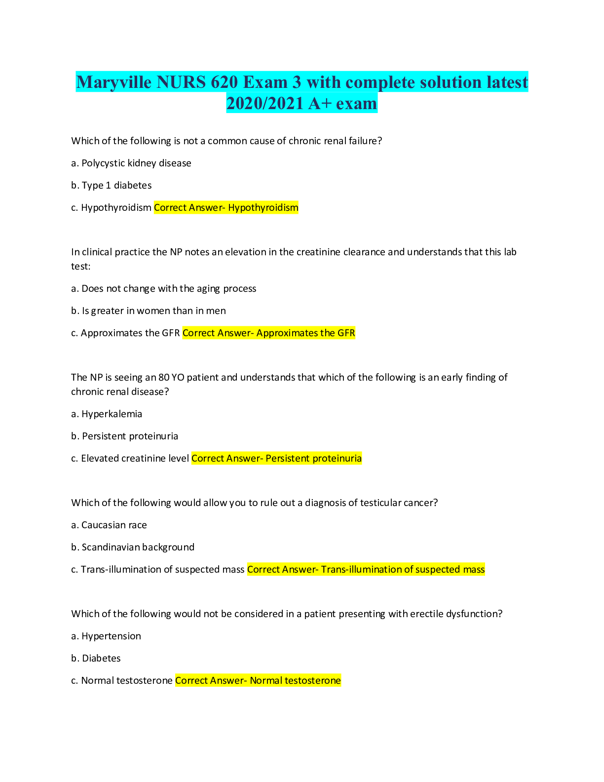 NURS 620 Exam 3 with complete solution A+ Exam
